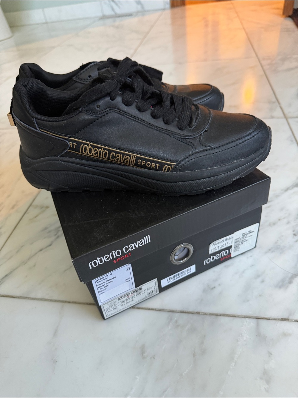 Roberto Cavalli Sport Black Sneakers with Gold Logo Trim